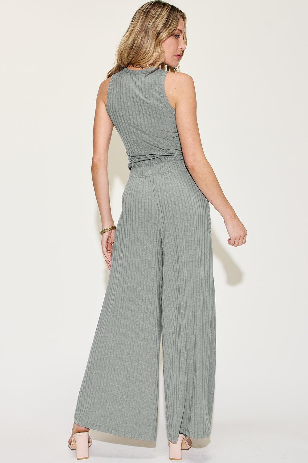 Basic Bae Full Size Ribbed Tank and Wide Leg Pants Set-Trendy Canvas