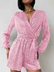 Full Size Sequin Surplice Tie Waist Long Sleeve Romper