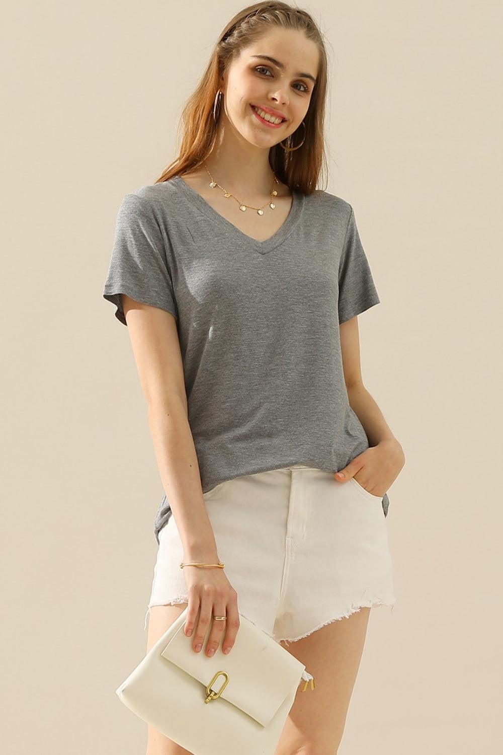 Ninexis Full Size V-Neck Short Sleeve T-Shirt-Trendy Canvas