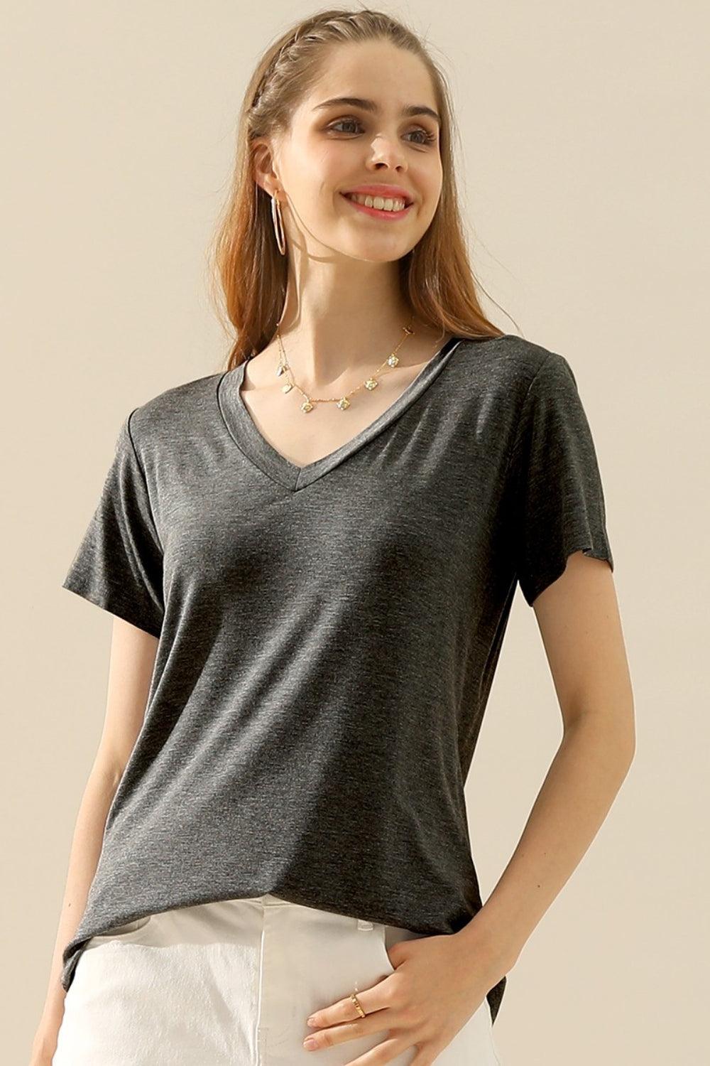 Ninexis Full Size V-Neck Short Sleeve T-Shirt-Trendy Canvas